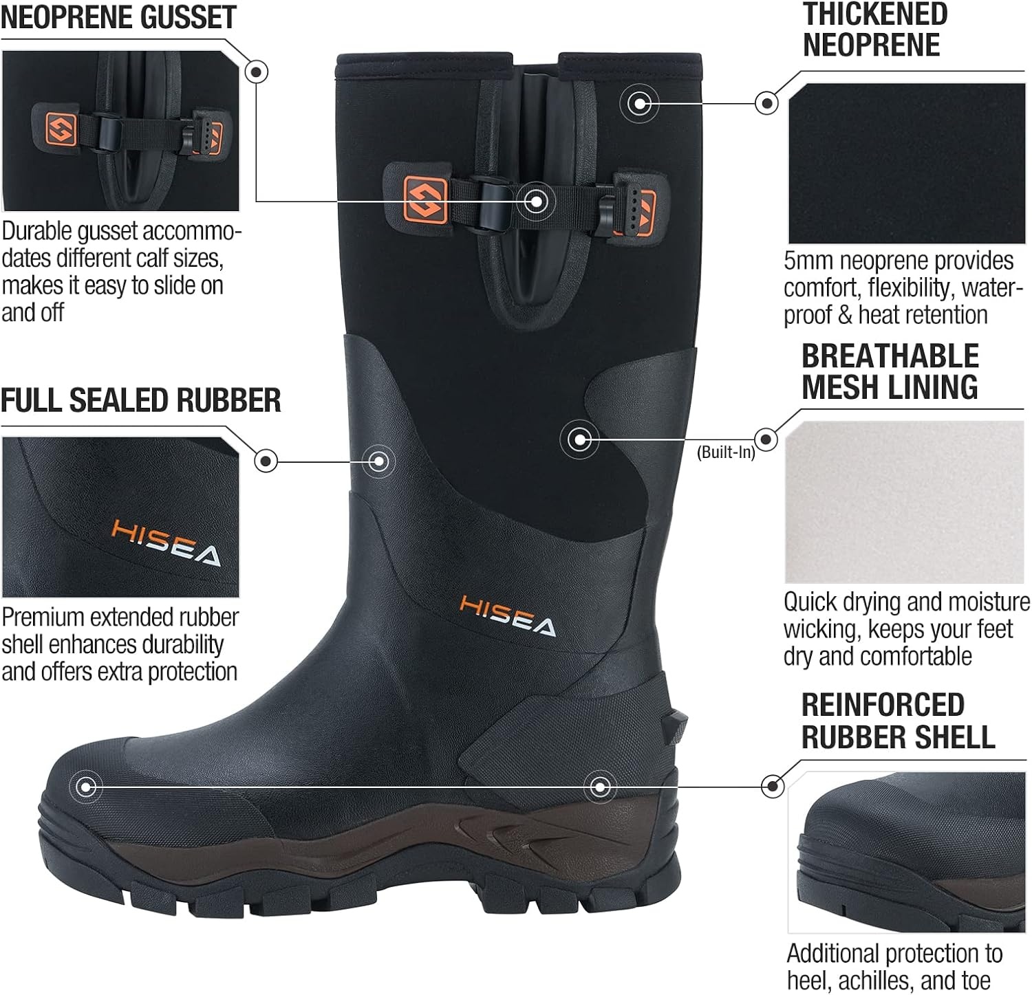image:imageHISEA Rubber Hunting Boots for Men Waterproof Rain Boots for Mud Working Farming Fishing Adjustable CalfBlack