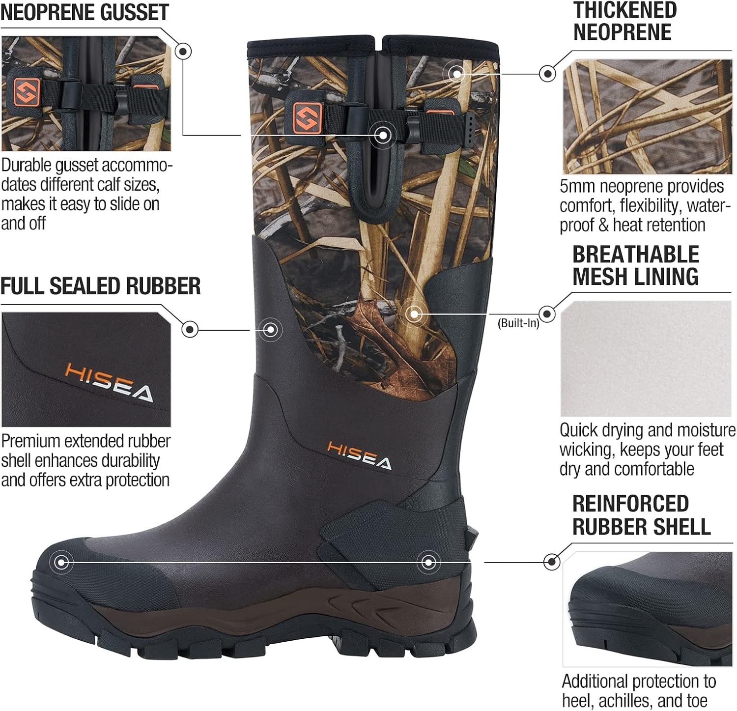 image:imageHISEA Rubber Hunting Boots for Men Waterproof Rain Boots for Mud Working Farming Fishing Adjustable CalfCamo Evos