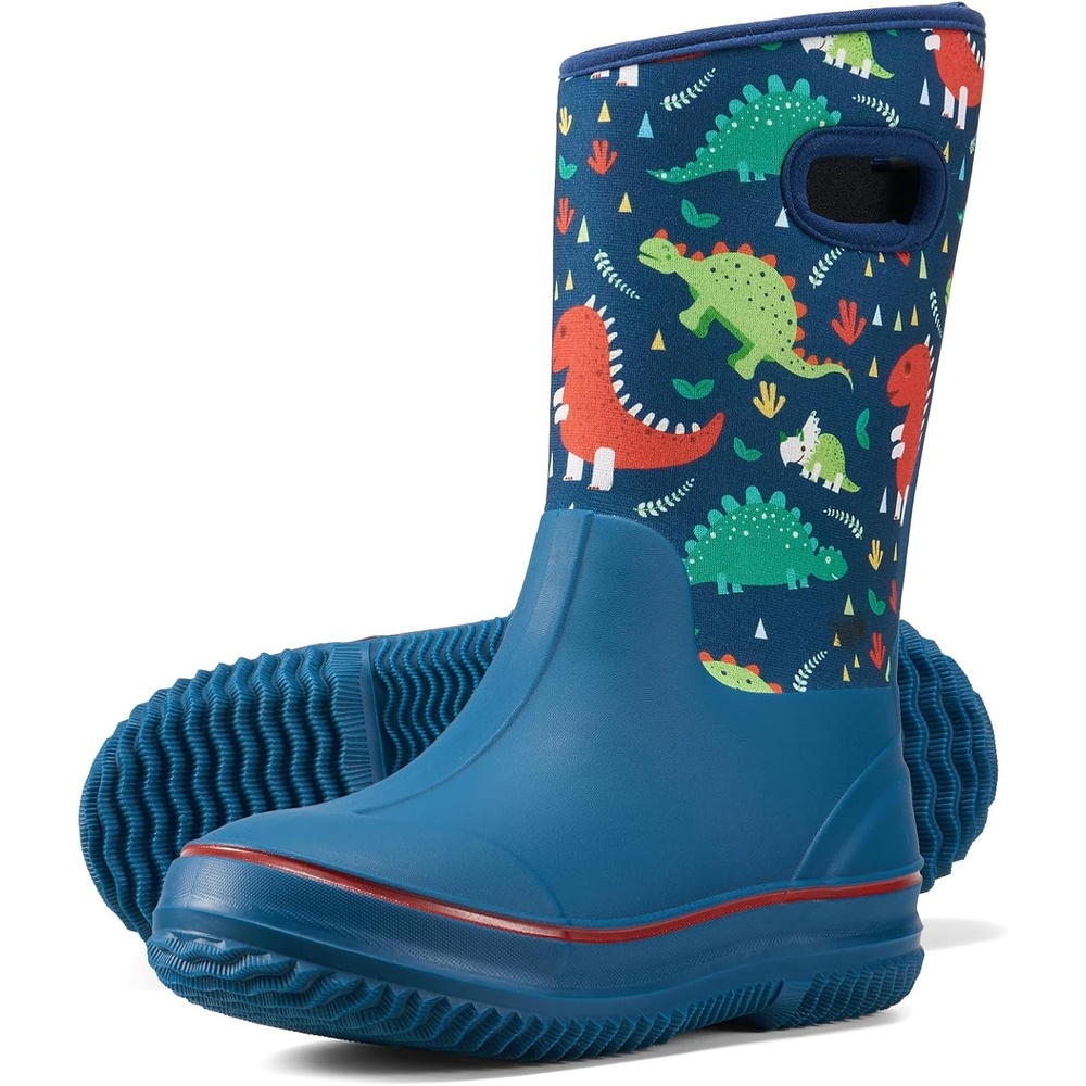 image:imageHISEA Kids Rain Boots for Boys Girls Waterproof Insulated Rubber Neoprene Boots Seamless Outdoor Boot with Handles Rainboots All Weather Mud Boots for Rain Water Snow and Winter Little KidBig KidDinosaur World Blue
