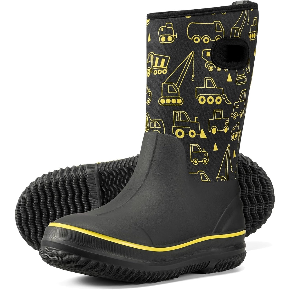 image:imageHISEA Kids Rain Boots for Boys Girls Waterproof Insulated Rubber Neoprene Boots Seamless Outdoor Boot with Handles Rainboots All Weather Mud Boots for Rain Water Snow and Winter Little KidBig KidConstruction Zone Yellow