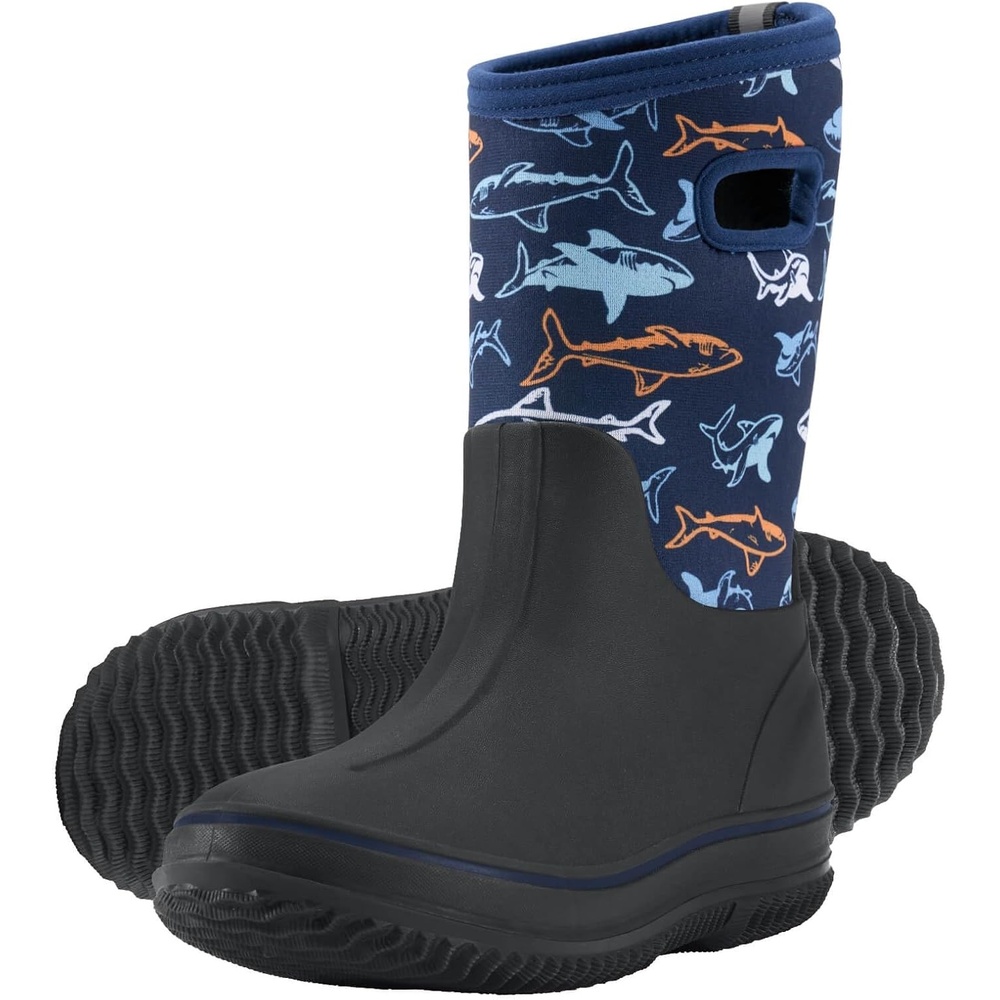 image:imageHISEA Kids Rain Boots for Boys Girls Waterproof Insulated Rubber Neoprene Boots Seamless Outdoor Boot with Handles Rainboots All Weather Mud Boots for Rain Water Snow and Winter Little KidBig KidBlue Shark