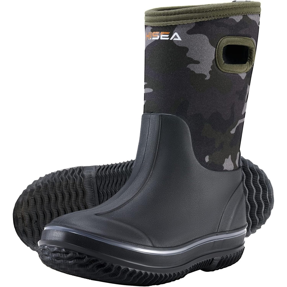 image:imageHISEA Kids Rain Boots for Boys Girls Waterproof Insulated Rubber Neoprene Boots Seamless Outdoor Boot with Handles Rainboots All Weather Mud Boots for Rain Water Snow and Winter Little KidBig KidGreen Camo