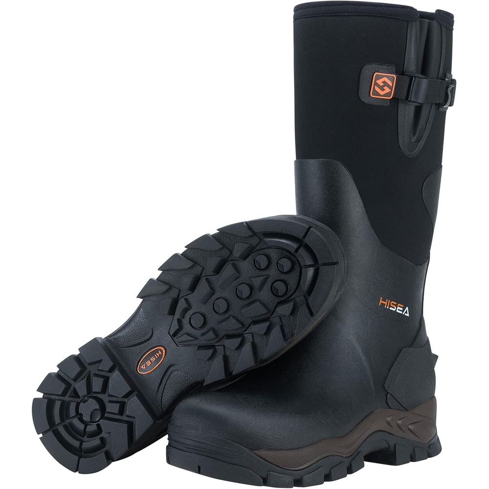 image:imageHISEA Rubber Hunting Boots for Men Waterproof Rain Boots for Mud Working Farming Fishing Adjustable CalfBlack