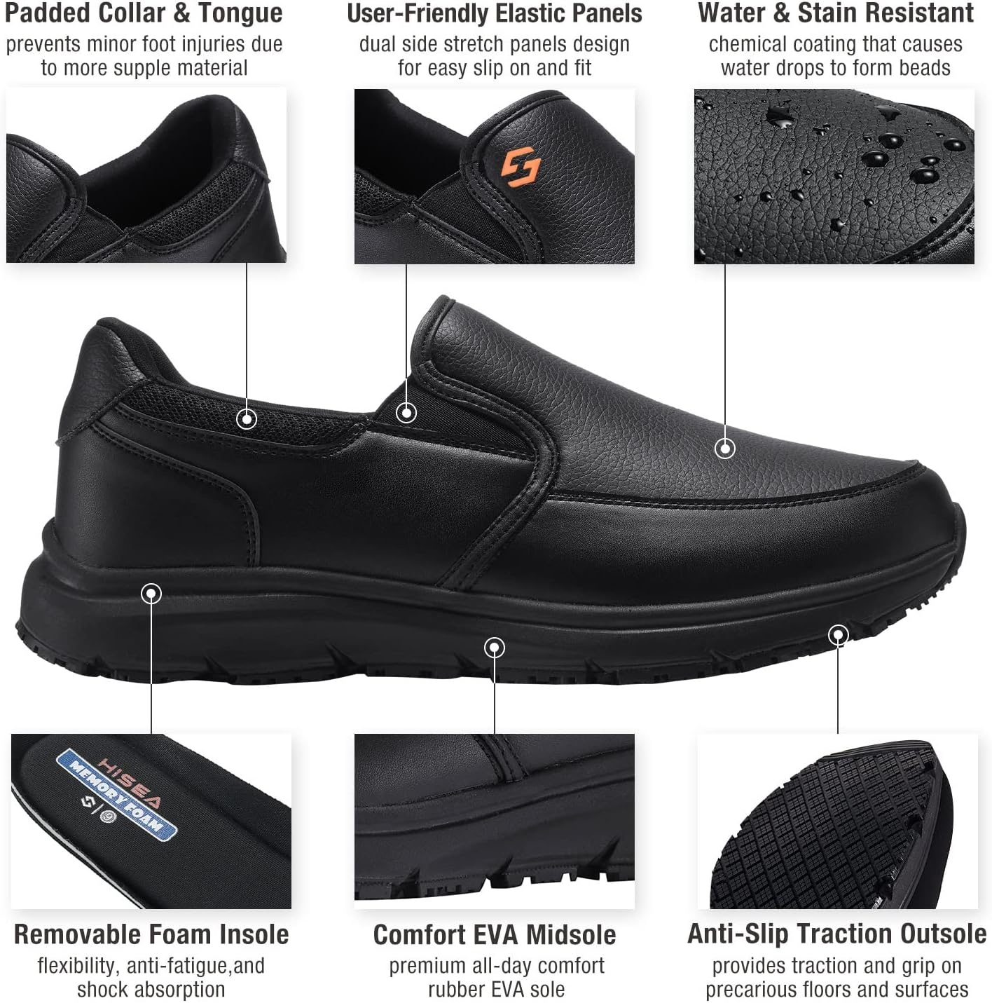 image:imageHISEA Non Slip Work Shoes for Men Water amp Oil Resistant Leather Slip on Kitchen Shoes Comfortable Mens Slip Resistant Chef Shoes for Restaurant Food Service Lightweight Walking Shoes BlackBlack