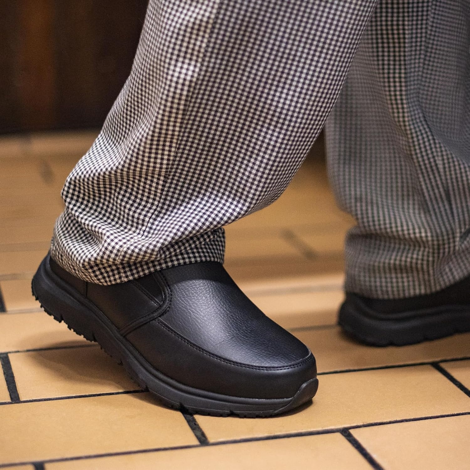 image:imageHISEA Non Slip Work Shoes for Men Water amp Oil Resistant Leather Slip on Kitchen Shoes Comfortable Mens Slip Resistant Chef Shoes for Restaurant Food Service Lightweight Walking Shoes BlackBlack